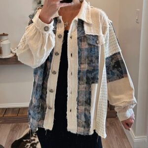 NEW POL Cream and Blue Patchwork Jean Jacket